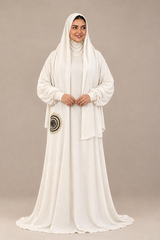 Sajda Prayer Abaya in Armani silk with hand-embroidered spiral emblem — full length on model