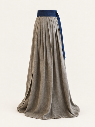 Back view of the Soulful taupe-grey pleated linen wrap skirt with a deep blue waistband and side tie.