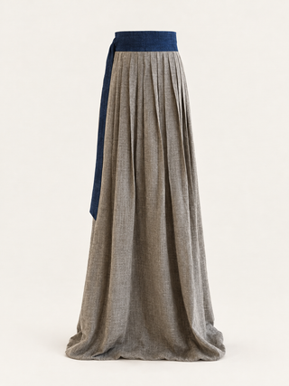 Front view of the Soulful taupe-grey pleated linen wrap skirt with a deep blue waistband and side tie.